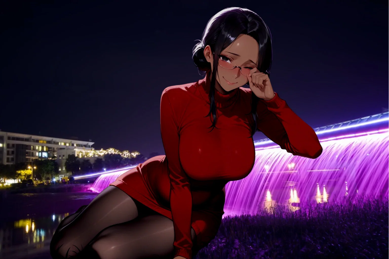 Milley is wearing a red sweater dress and pantyhose