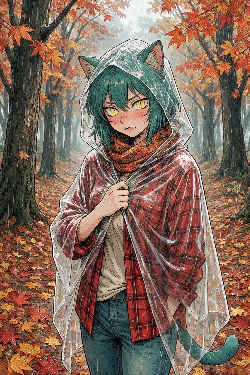Juniper soaked in a clear poncho in the rain