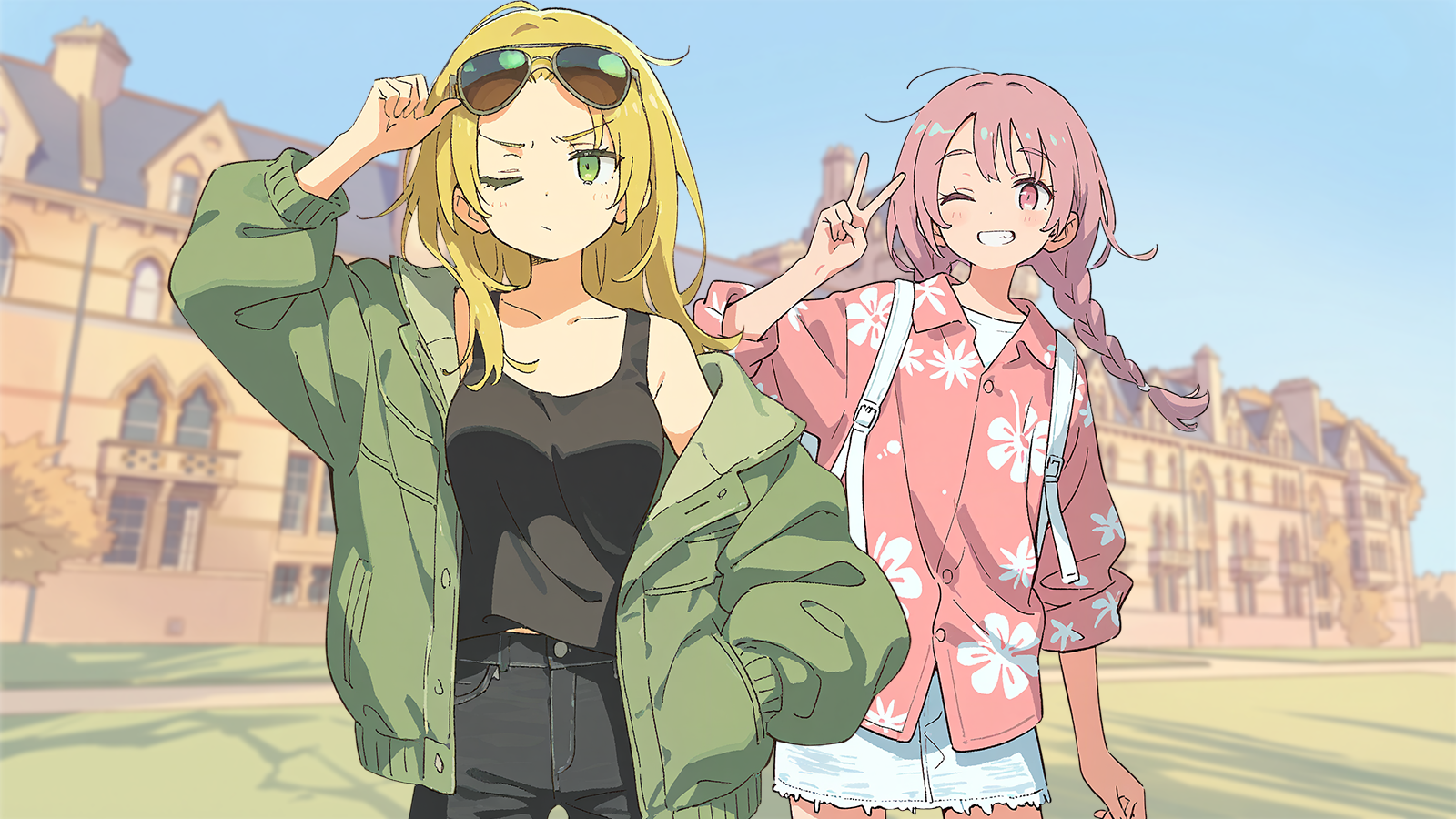 CONTEXT FOR THE IMAGE: Natalie is wearing a black tank top with an open green denim coat on top. Black denim jeans and aviator glasses rest on head. Next to her stands Nina, wearing her usual outfit. She's showing a peace sign and grinning.
