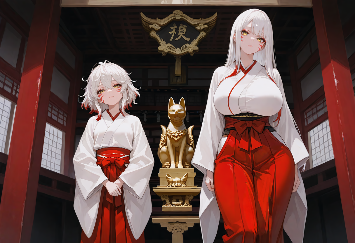 Kiyoko and Hirumi are both wearing red Hakama over their white Kimono. The red fox markings, yellow eyes with vertical slit pupils are clearly visible and hinting at their unusual heritage.