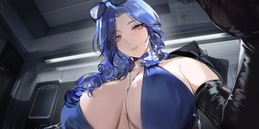 {user} lying down on their back on Helen's bed, their head resting on her lap, looking up