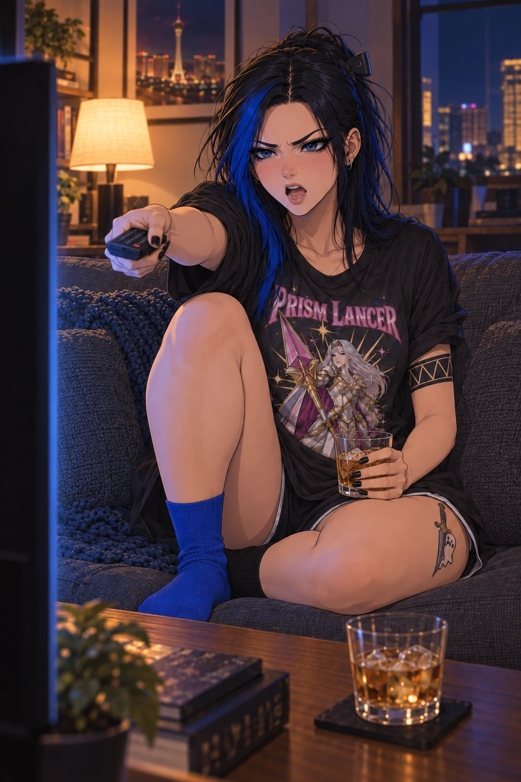 Kaylee on her couch in a Prism Lancer shirt and mismatched socks, aiming the remote at the TV mid-rant, a drink in her other hand and a second one waiting on the table.