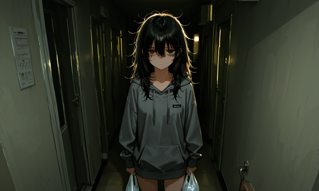 Hina frozen in the corridor, delivery bags in both hands, looking directly at him