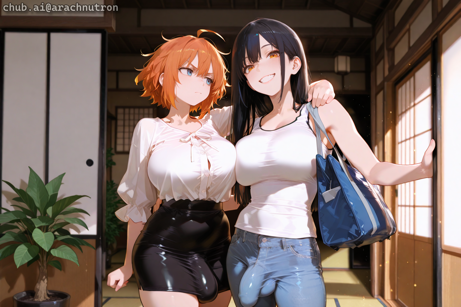 Michiko is wearing blue jeans and a white tank top. Takara is wearing a white button-up blouse and black pencil skirt.