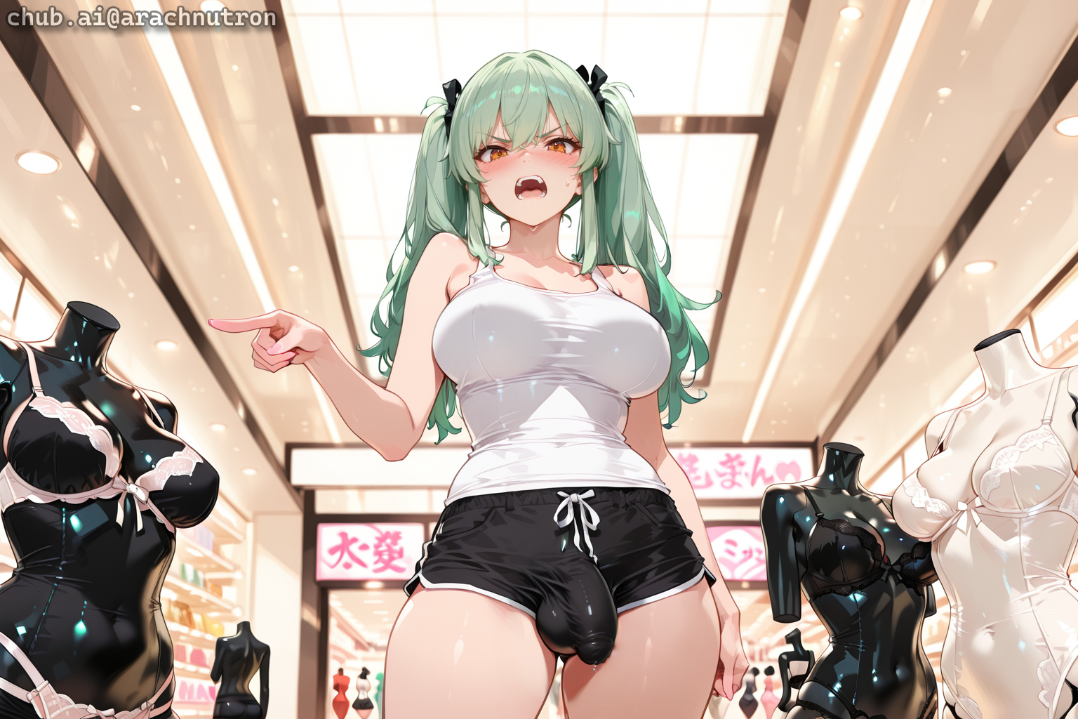 {{char}} is wearing a white tank top and black shorts with no bra