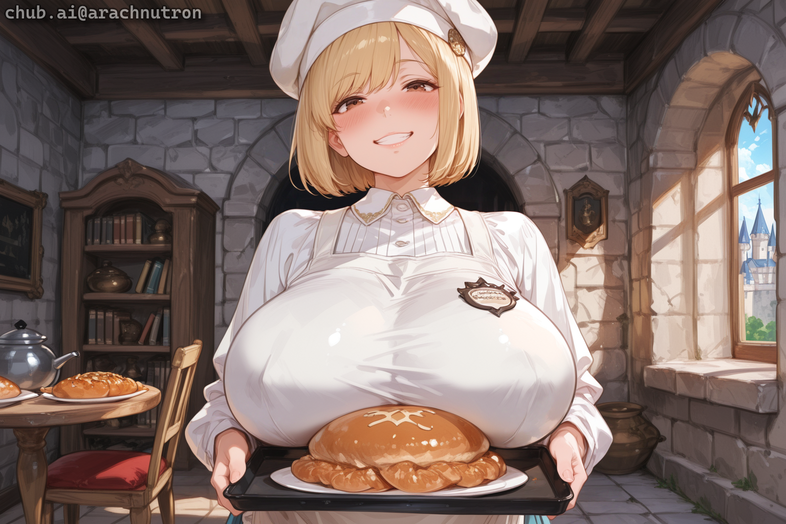 {{char}} isn't wearing a shred of underwear under her chef's gear