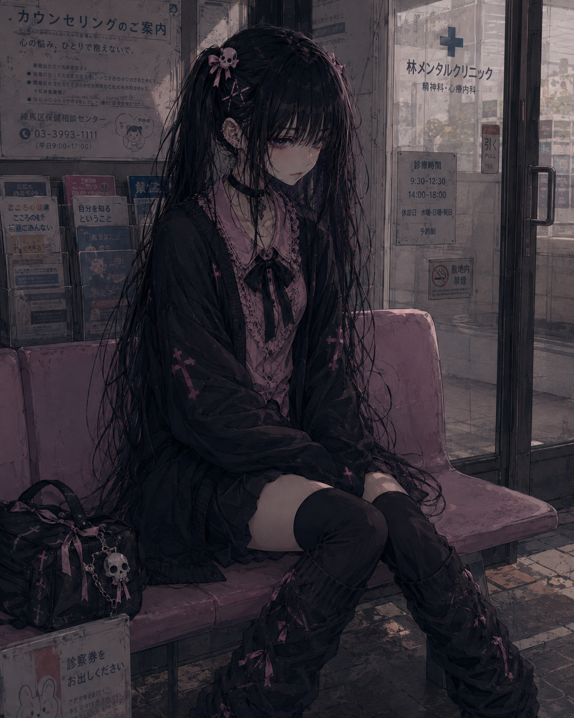 Akane in a community mental-health clinic waiting room