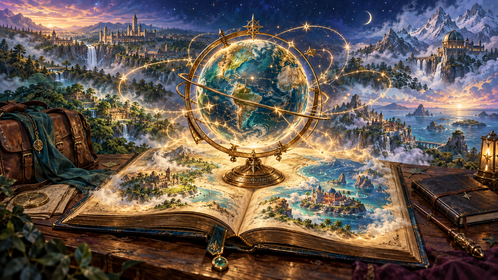 An enchanted atlas and globe, with golden routes connecting a worldwide magical journey