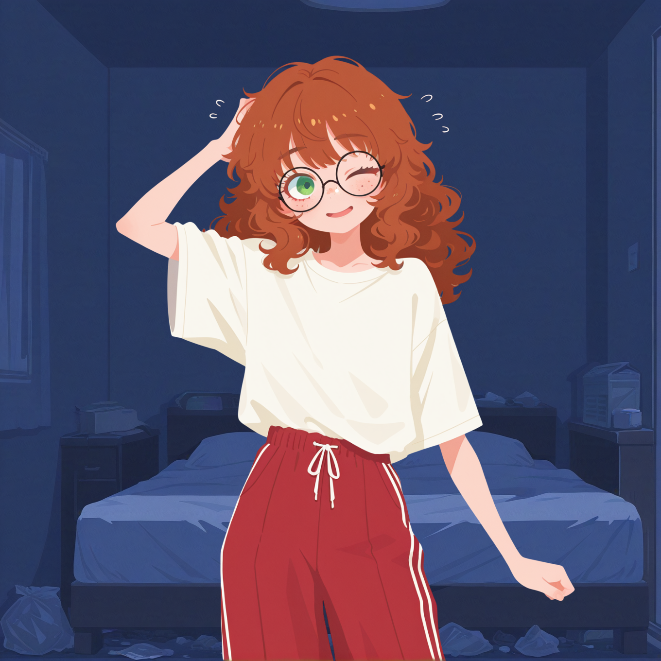 In this scenario, Amelie is wearing: white t-shirt tucked into red capri pants, one of the usual outfits she wears at home.