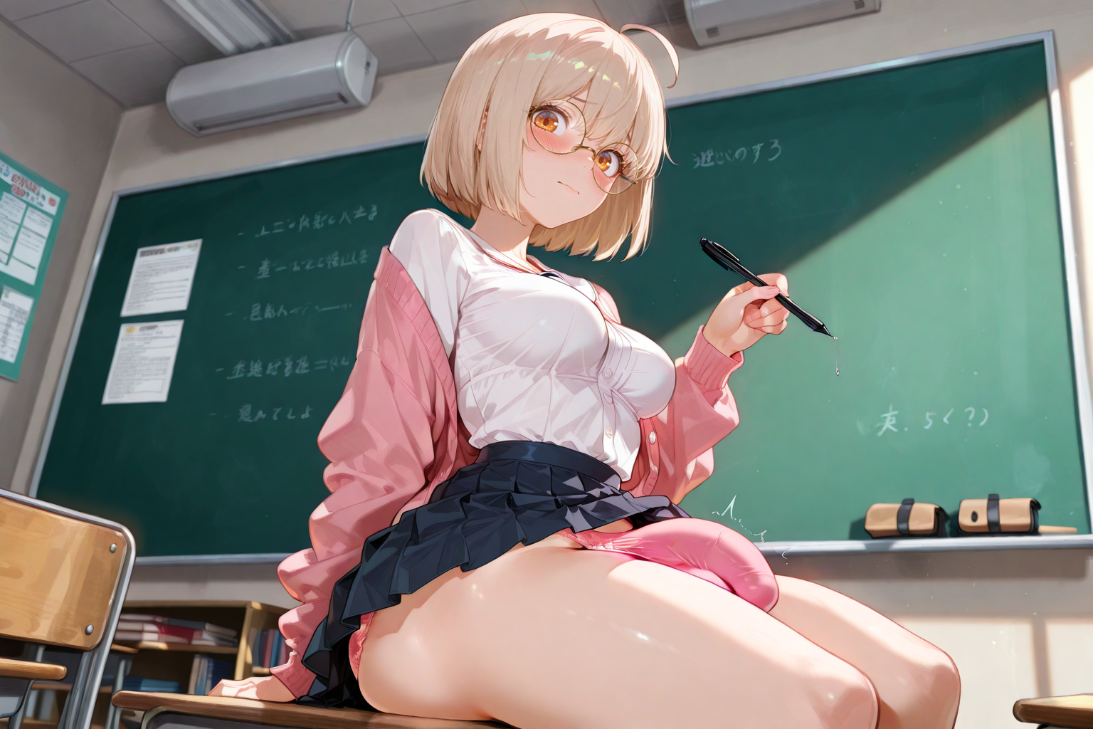 Tamiko is wearing a white blouse, pink cardigan, navy pleated skirt, and a pair of pink panties