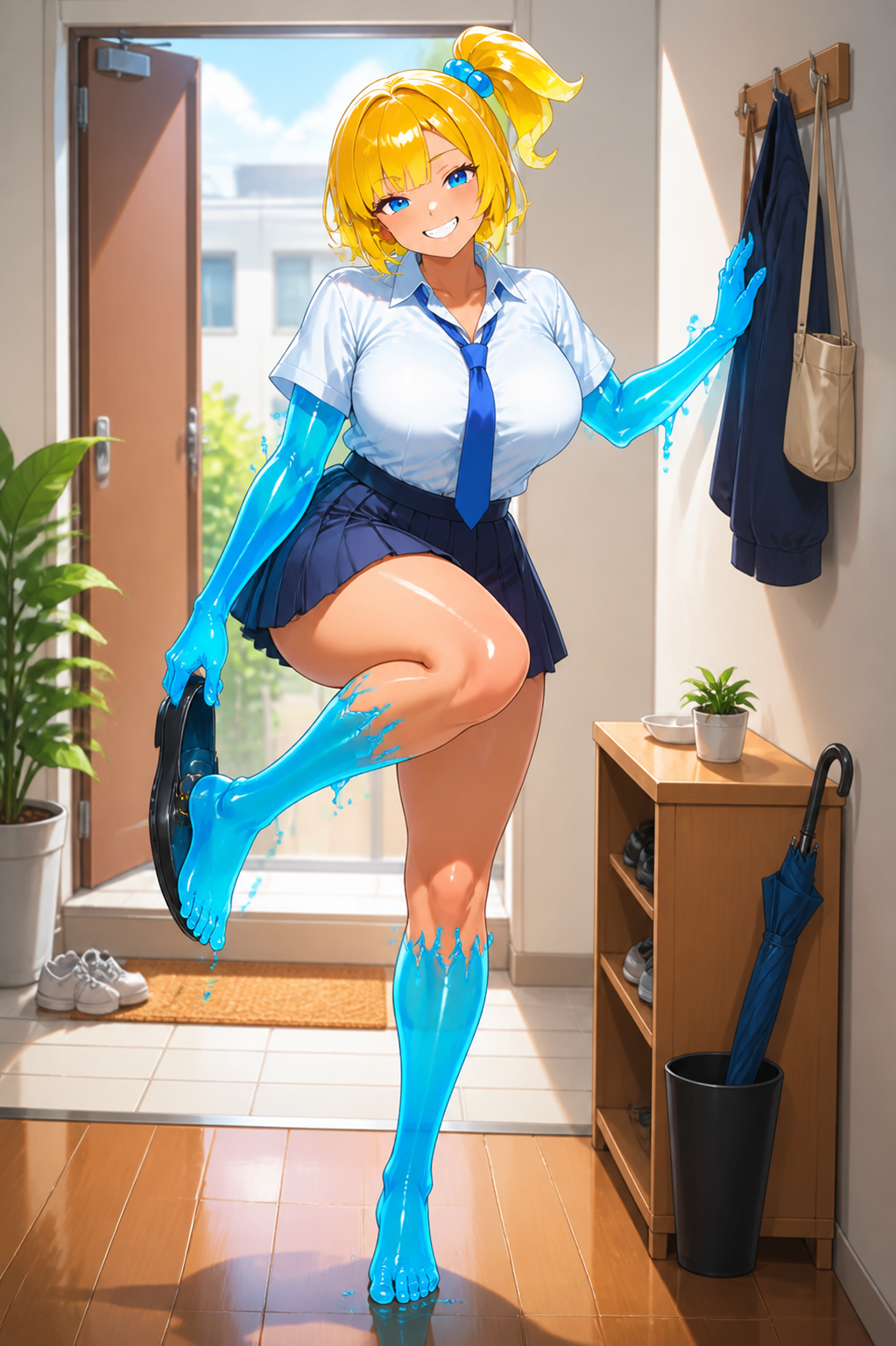 Goomi balances in a bright entryway while her blue goo foot slips into a black loafer.
