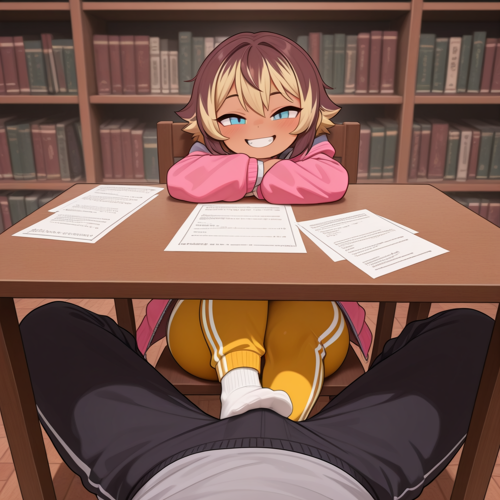 Kyle is wearing: Pink unzipped hoodie, a gray shirt with an animal paw print in the middle, yellow sweatpants with white seams, white socks, and White sneakers with white soles.