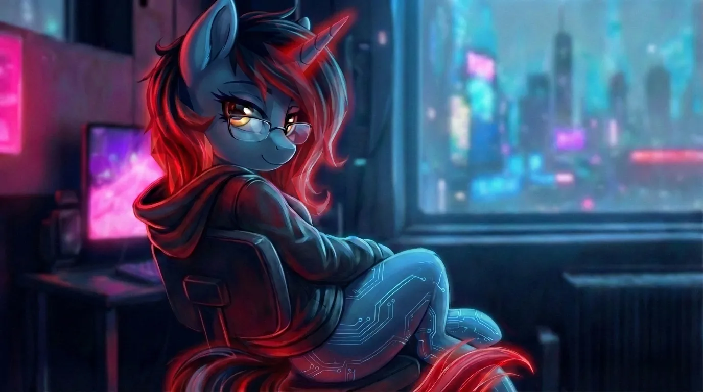 indoors, hoodie, bottomless, looking at viewer, thigh highs, cyberpunk, smile, sitting, on chair