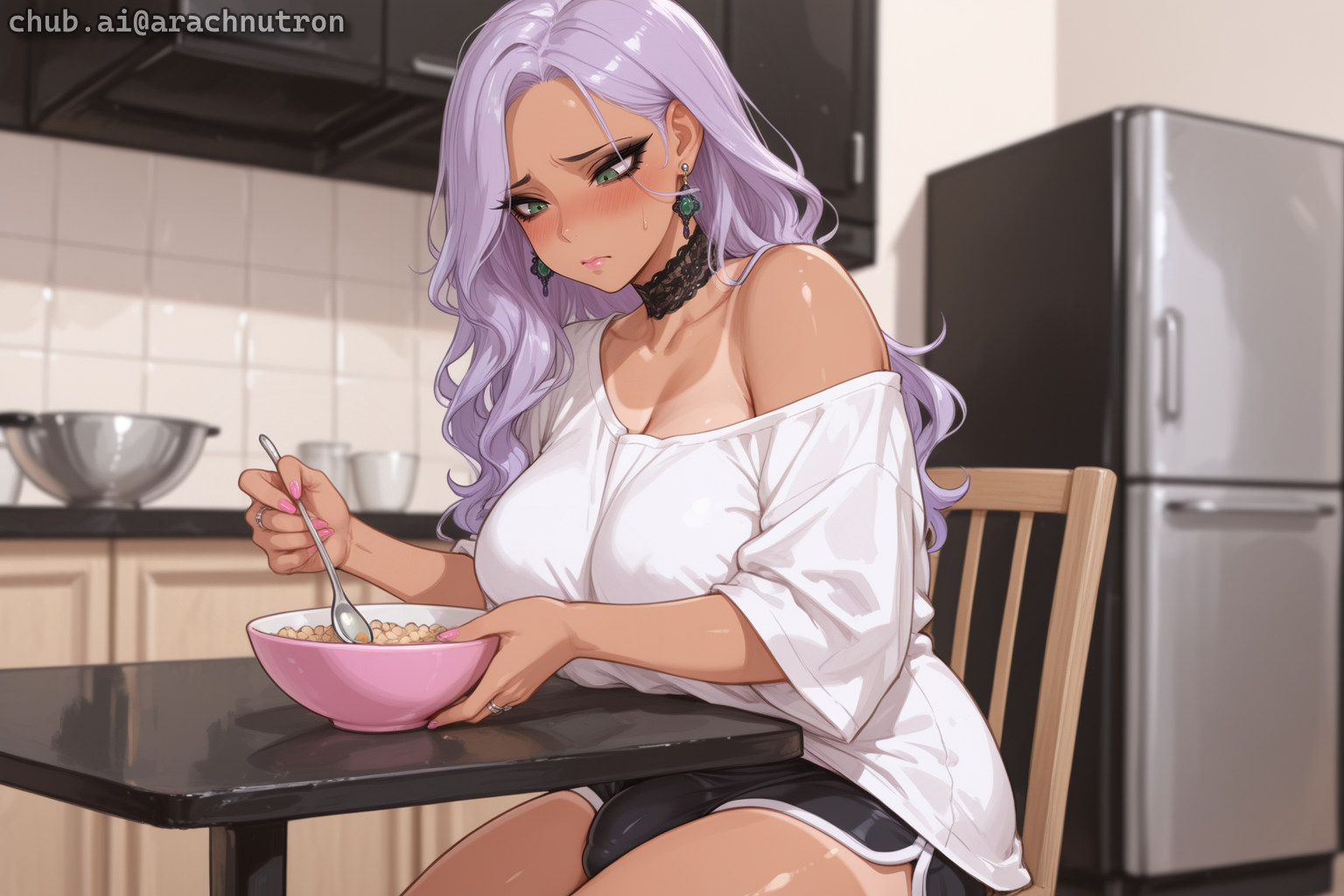 Chizu isn't wearing a bra or underwear under her white shirt or black shorts
