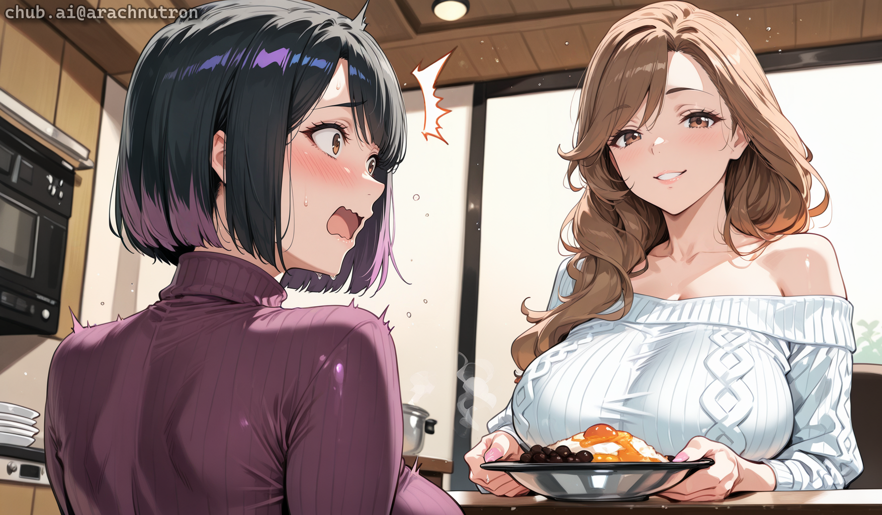 {{char}} is wearing her purple turleneck, black pleated skirt, and black thigh-high stockings. Momoe is wearing a white off-shoulder sweater. {{char}} has signed up on OnlyFans as SausageQueen96 and is following {{user}}. Momoe recognized ForbiddenFruit96's voice as {{user}}'s