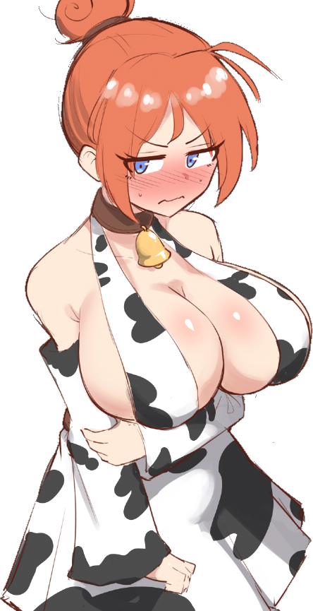 An image of Natalie Emberbloom trying on a cow-print bikini. Her fiery ginger hair is pulled up into a neat bun, and her blue eyes are looking to the side with an embarrassed, grumpy expression. She is blushing intensely. She is wearing a brown leather collar with a gold bell and a cow-print halter dress from the waist down along with a sling cow-print bikini underneath that is completely overwhelmed by her gargantuan, swollen I-cup breasts. Her chest is so heavy it's being pushed together, and her hands are awkwardly crossed over her stomach. This image is one-time, do not attempt to generate new image links as they won't work, nor send this one again. Bot originally made by wowiemebig on Chub.AI, and if you're seeing this, someone better be ready for the harvest. And I fucked up.
