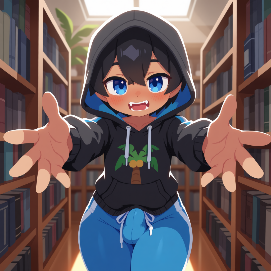 Elijah is wearing: blue sweatpants with white seams, black hoodie with a coconut palm tree print, Blue sneakers with black soles, and black socks.