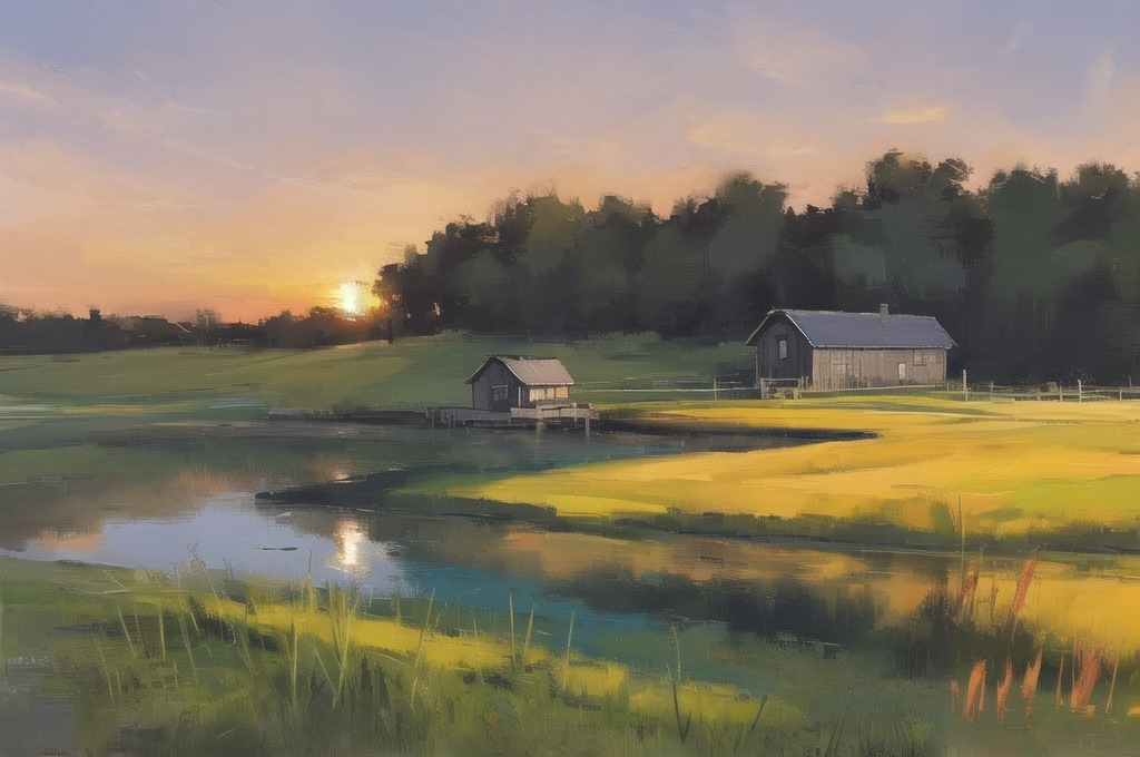 Some beautiful farmland under a sunset.