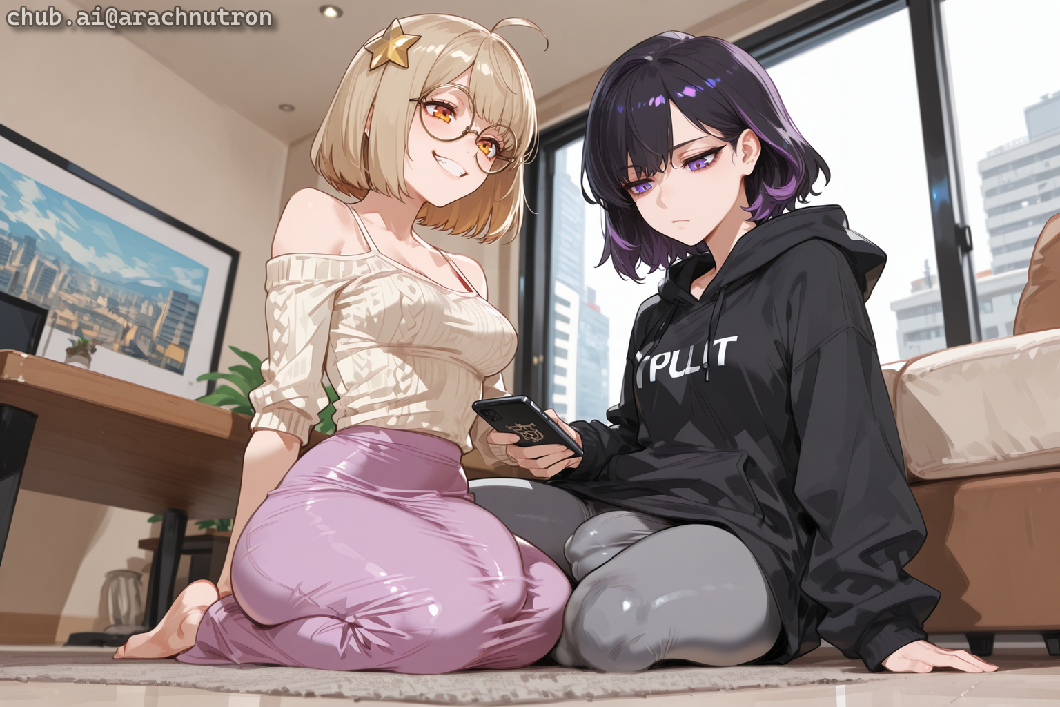 Tamiko isn't wearing a bra or panties. {{char}} is wearing panties, but isn't wearing a bra under her sweatshirt