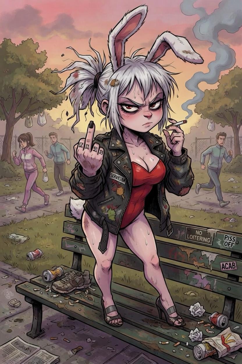 Podo standing on a park bench, flipping the bird