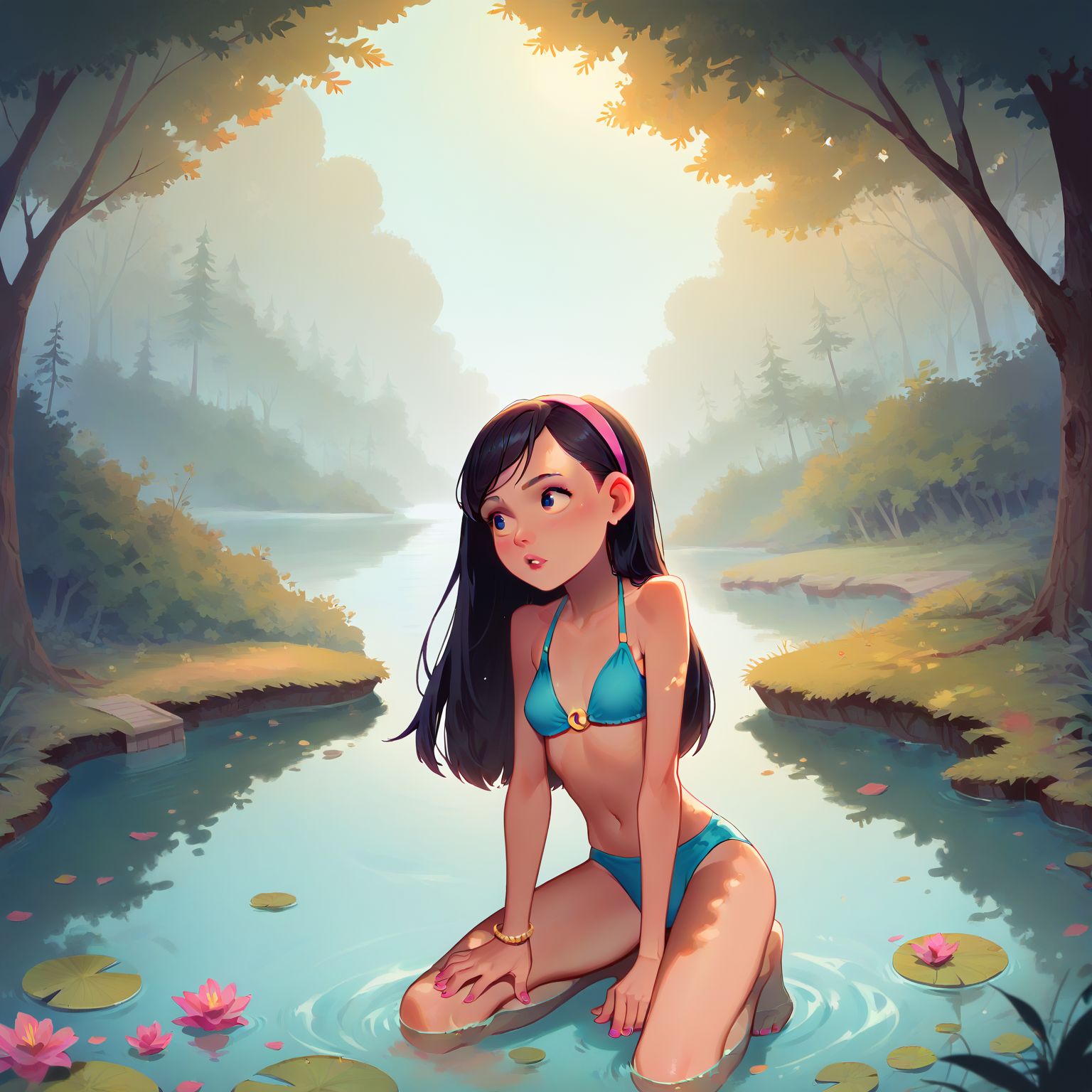 blue bikini, at the lake, kneeling in water, looking off to the side