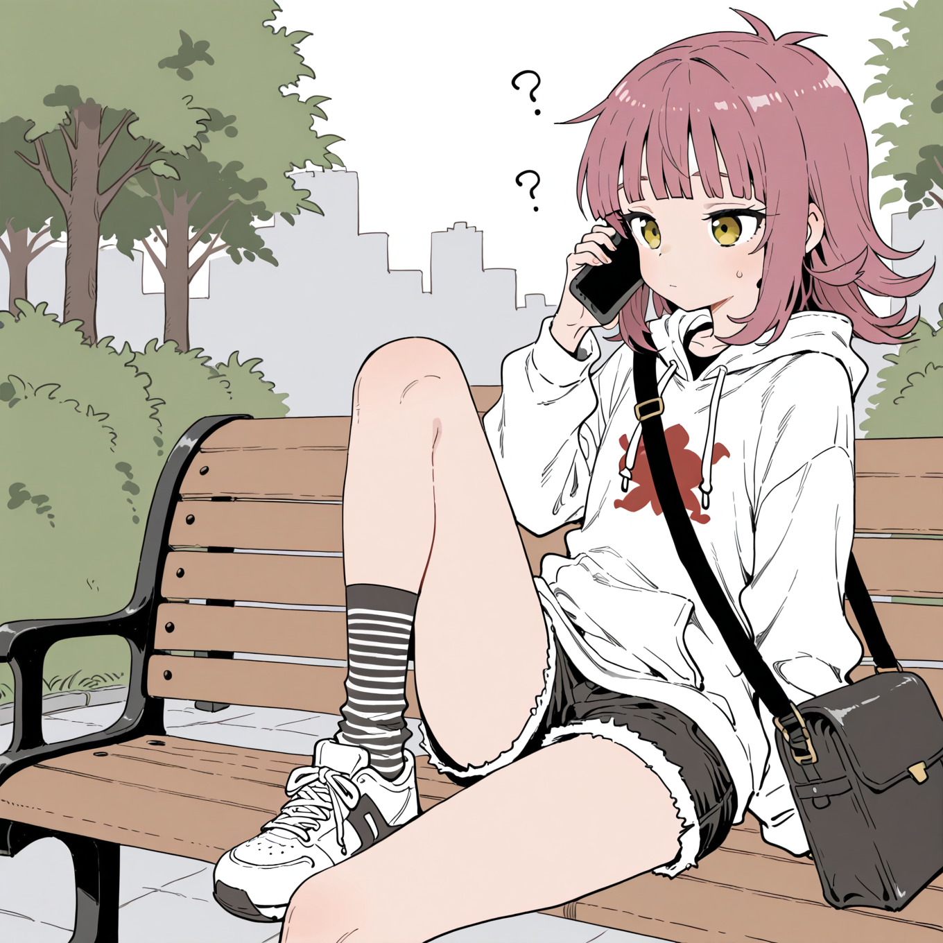 Rei in this scenario wears a white tee under an oversized white hoodie. Bottoms are black denim shorts, black and white striped socks and white sneakers she worn for some time. A black leather bag hangs over her shoulder.