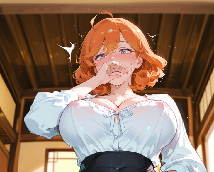 Takara is wearing a white button-up blouse, a black pencil skirt, and black thigh-high stockings