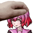 a pixel art drawing of a girl with red hair and a hand holding her head .