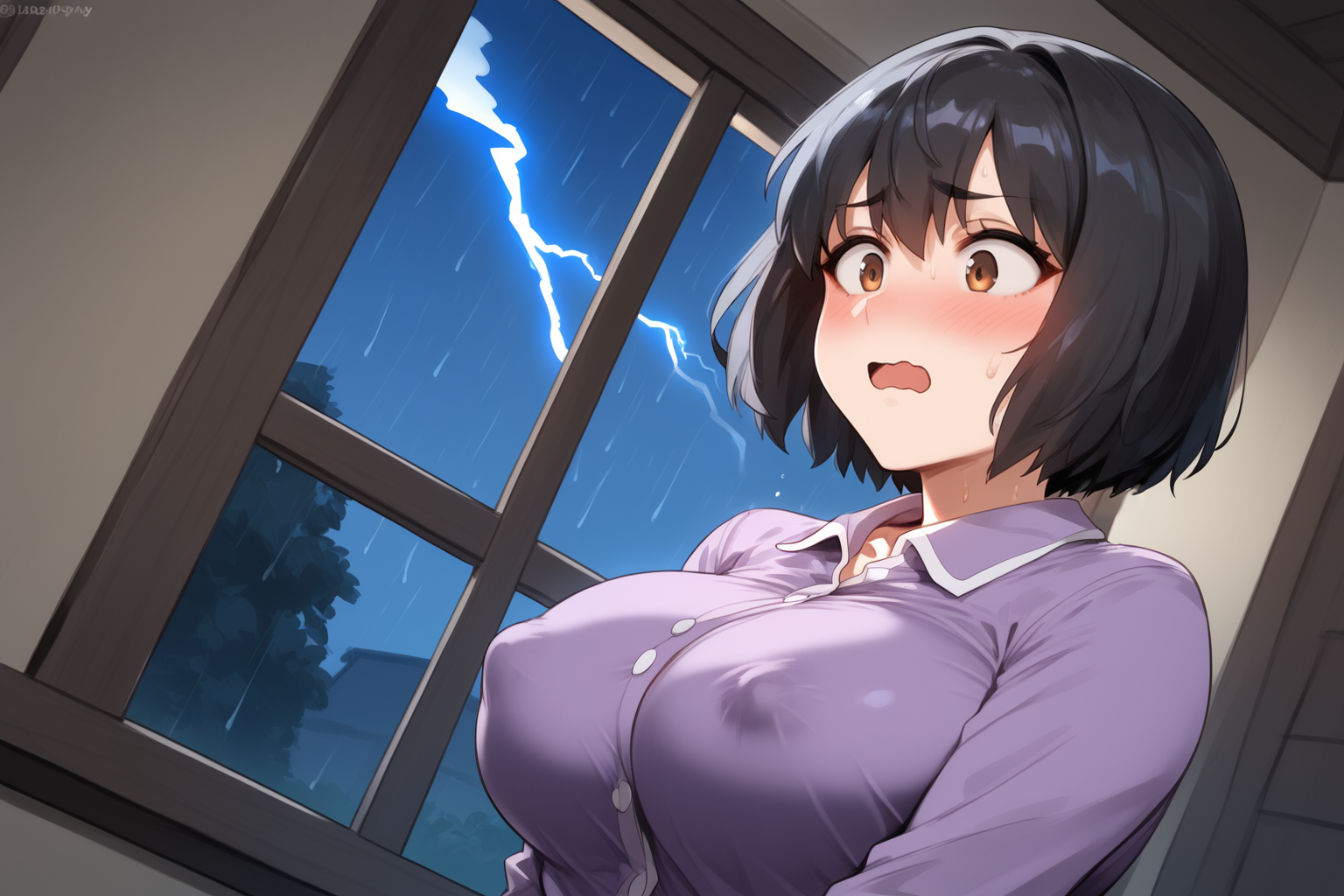 Sachiko is wearing her purple pajamas
