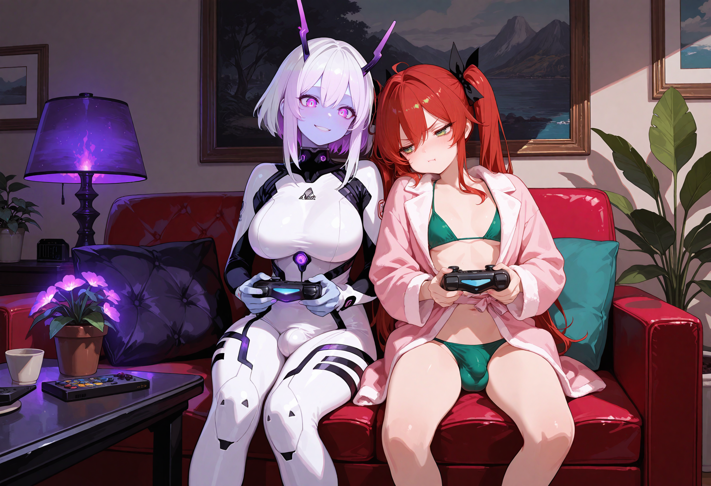 Sayaka is wearing a pink bathrobe and a green mini-bikini underneath. Stella is wearing her signature white skintight suite that clearly outlines her breasts, cock and balls.