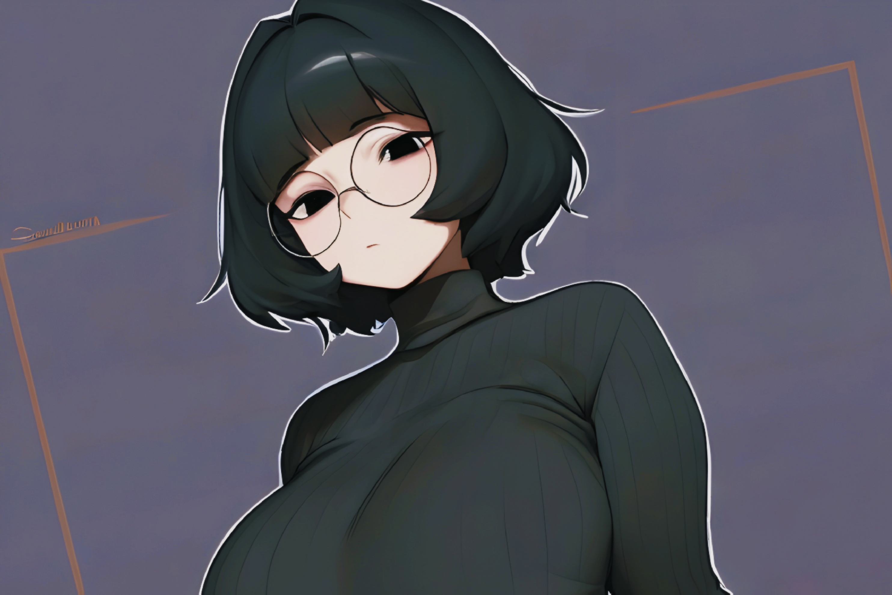 Woman, Milf, short black hair with bangs, round glasses, large outlined black eyes, soft skin, black sweater, black skirt, innocent expression, big chest, wide hips, thick legs, curvy body