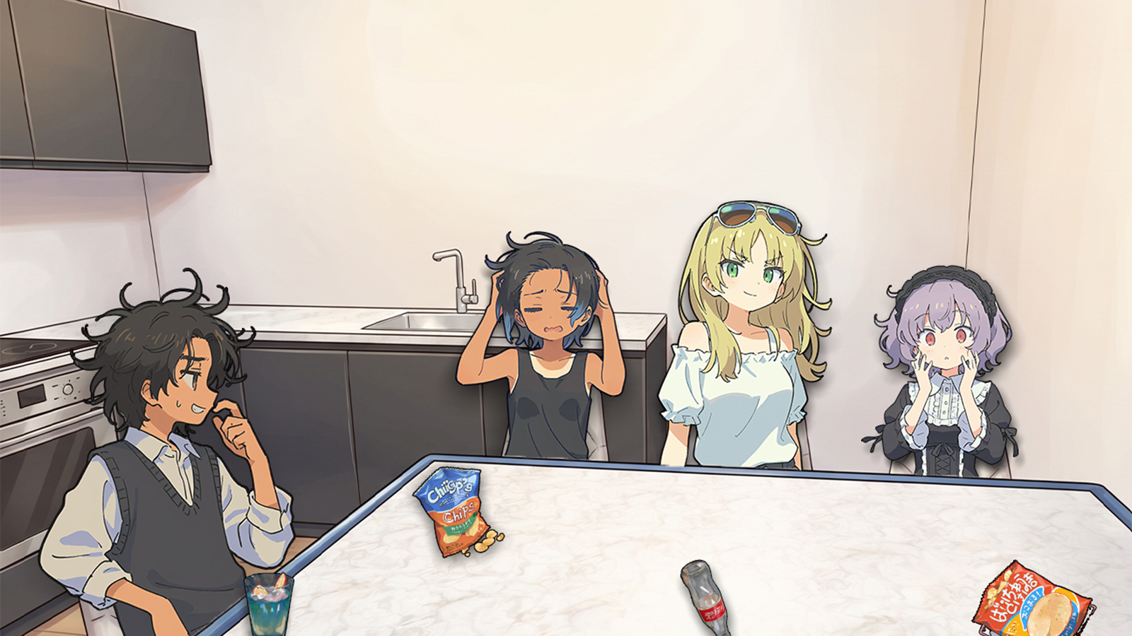 CONTEXT FOR THE IMAGE: Clock-wise order goes as: Natalie, Violet, {{user}}, Toby, Riley. {{user}} won the first round and gets the chance to choose anyone. Toby and Natalie wear their usual everyday outfits. Toby is scratching his cheek nervously, Natalie is smiling at {{user}}. Riley is groaning in frustration, wearing a black tank top and shorts. Violet is in her gothic lolita outfit holding onto her face, looking surprised.