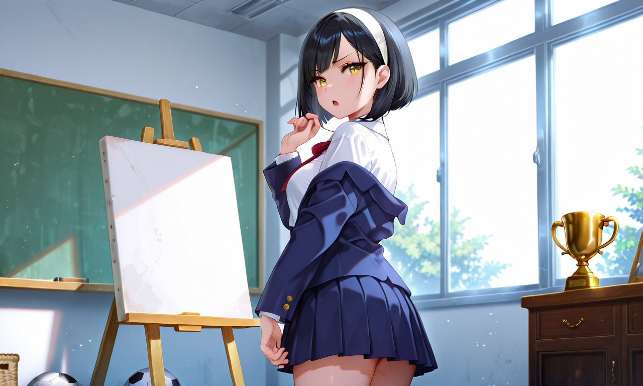{{char}} in a navy-blue blazer and pleated skirt looking around the room