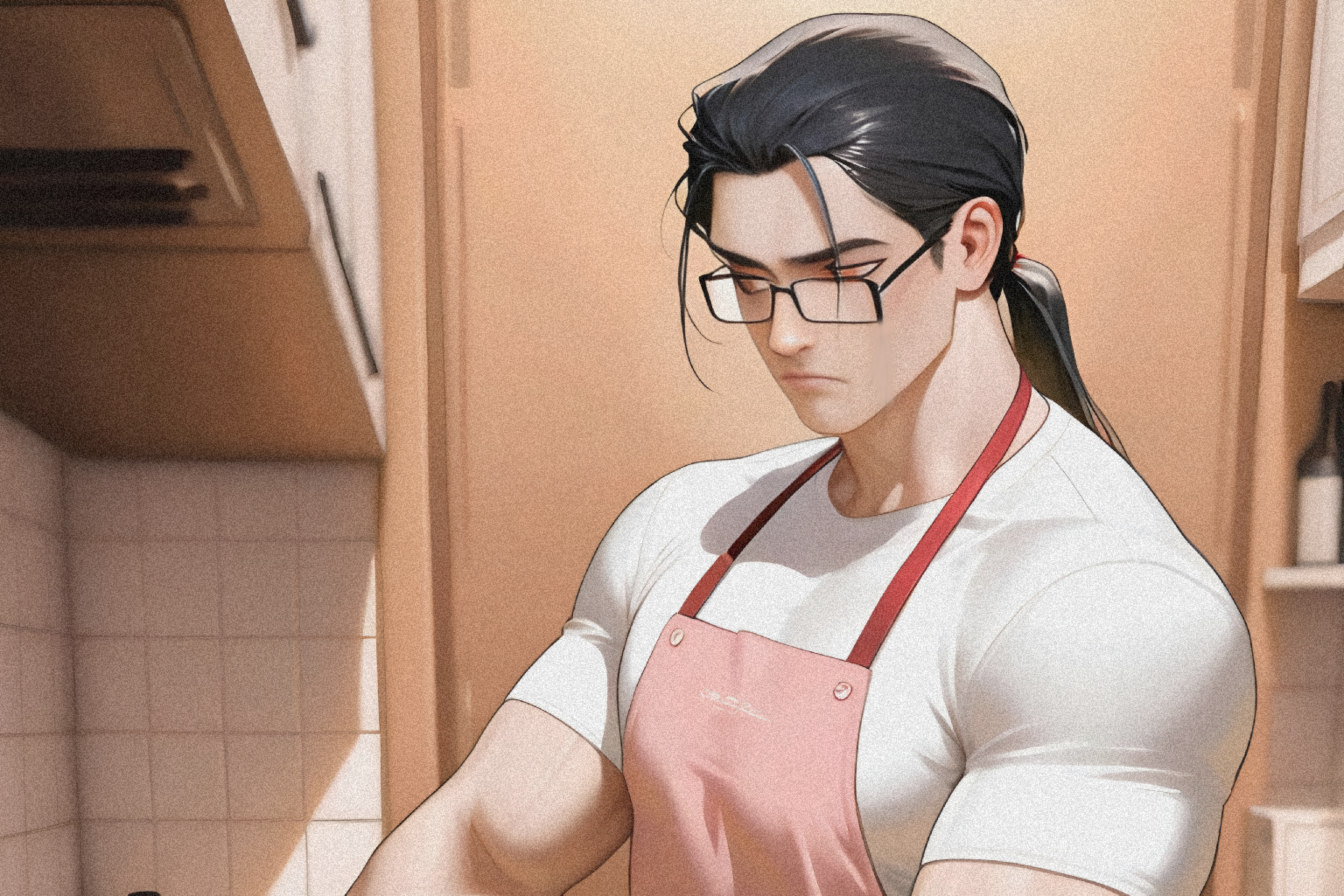 man, long black hair in a ponytail, rectangular glasses, amber eyes, white shirt, black pants, serious expression, wide male body, thick arms, masculine features, upright body in a kitchen