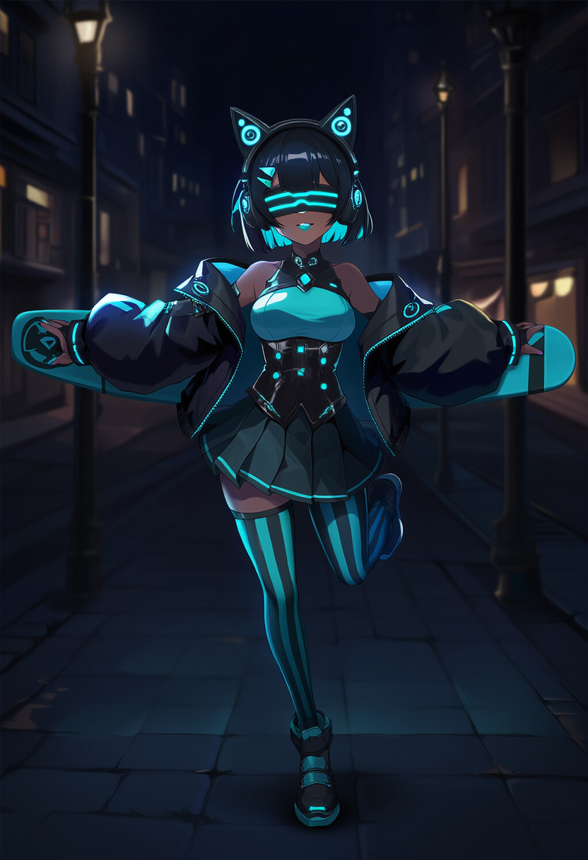 Marion wearing her beautiful vertical striped black and cyan stockings, corsrt,flashy boots, oversized puffy jacket, cat ear headphones, in a bobcut hairstyle. Her overall aesthetic is black and cyan detailing.