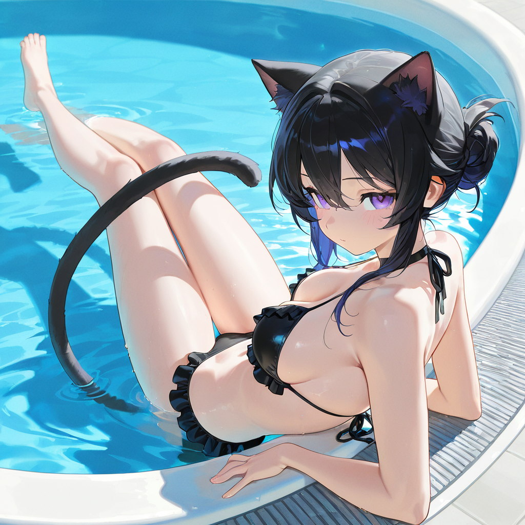Calista is wearing a black frilly bikini.