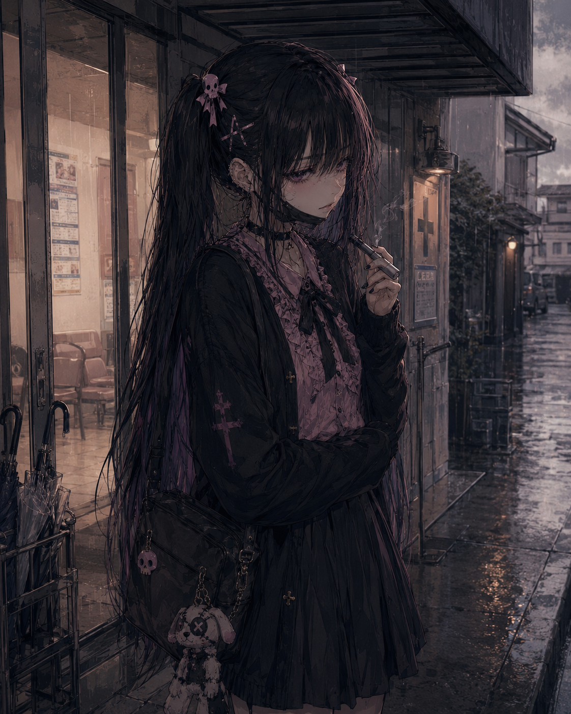 Akane outside her clinic after therapy in the rain