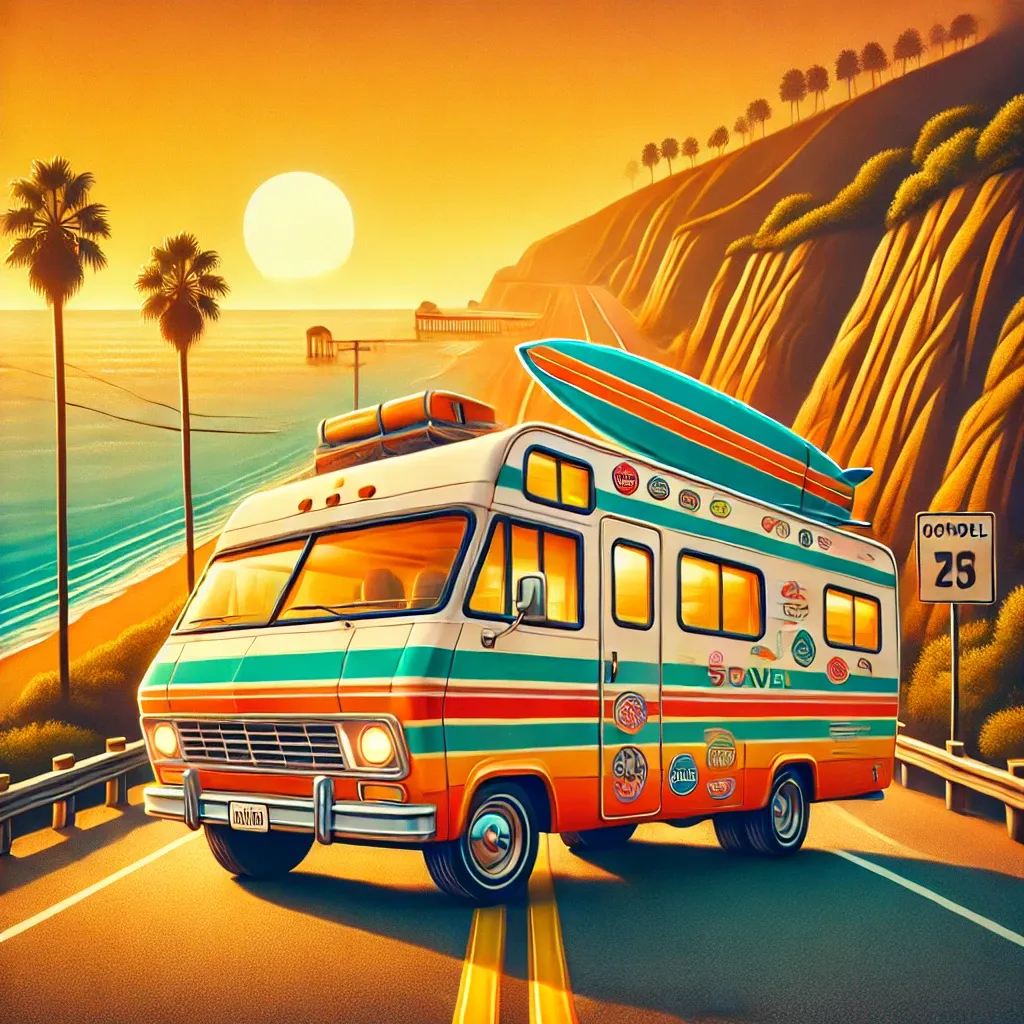 A vintage van with a surfboard on top is driving along a winding road, with palm trees lining the side and a sunset painting the sky. The van is adorned with a license plate and a speed limit sign.