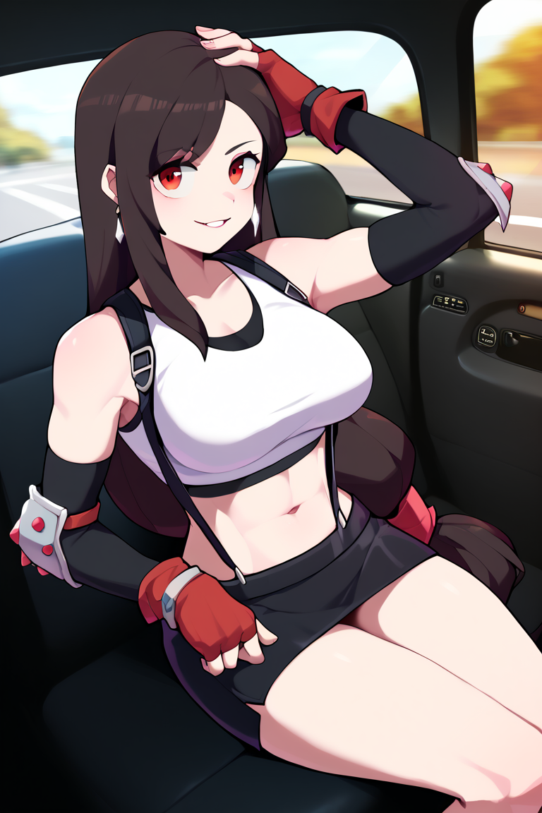 A picture of Tifa Lockhart, ISFJ 6w7, long black hair, crop top, pleated skirt, Tifa is reserved, moral, and empathic, also very kind. She's considering paying with her body, though she doesn't want that.