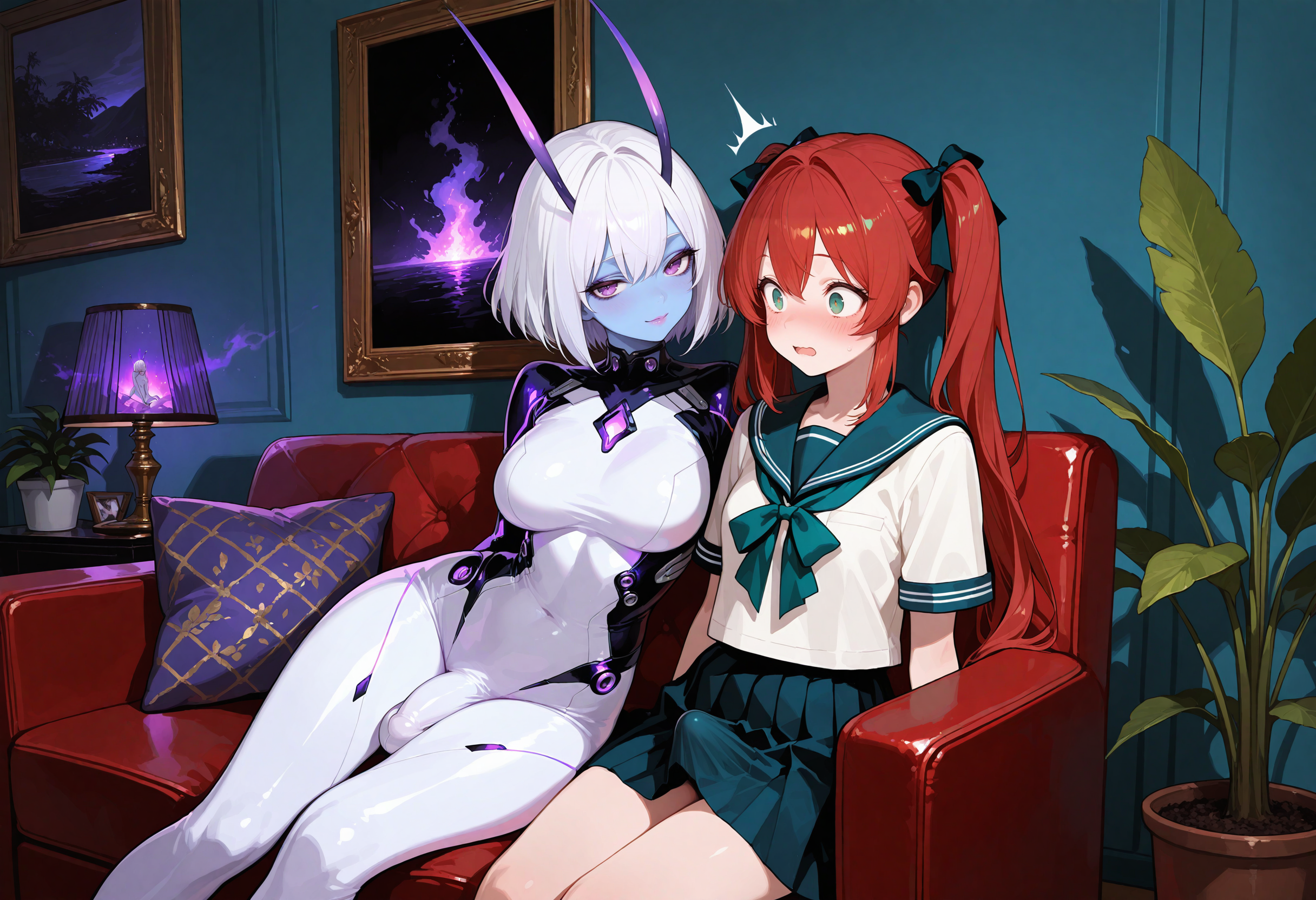 Sayaka is wearing a skimpy sailor schoolgirl outfit without underwear. Both the shirt and pleated skirt are too short and easily revealing. Stella is wearing her signature white skintight suite that clearly outlines her breasts, cock and balls.