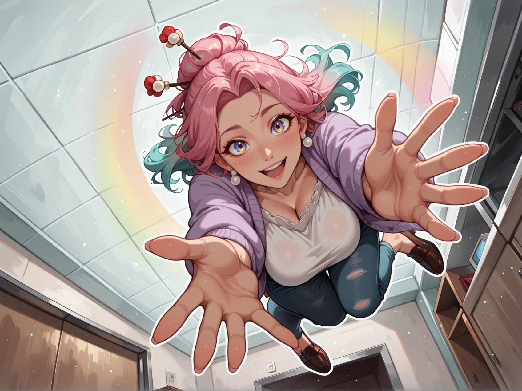 {{char}} crashes {{user}} onto the floor as as she hugs them, laying on top of them as her weight pins them to the ground