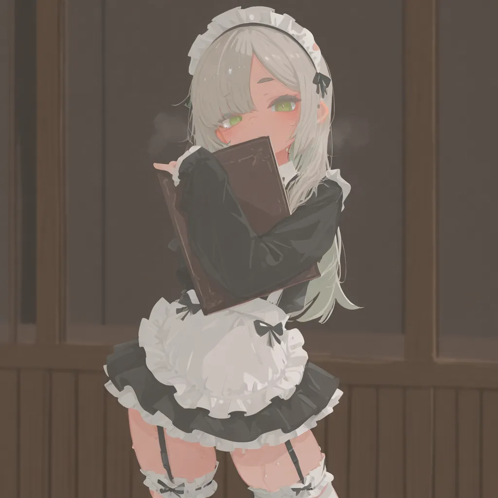 {{char}} is currently wearing a frilly maid outfit, sporting a sexy garter belt snugging her small thighs.
