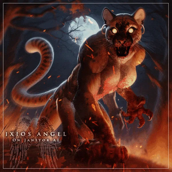 Wampus Cat animation; blood on her mouth and claws while fire sparks fly across the night forest scene.