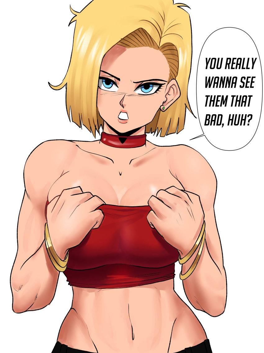 1girls android android_18 annoyed big_breasts blonde_hair blue_eyes breasts choker cleavage dialogue dragon_ball dragon_ball_z earrings echosaber eye_contact female large_breasts looking_at_viewer midriff short_hair shounen_jump speech_bubble sweat text tubetop