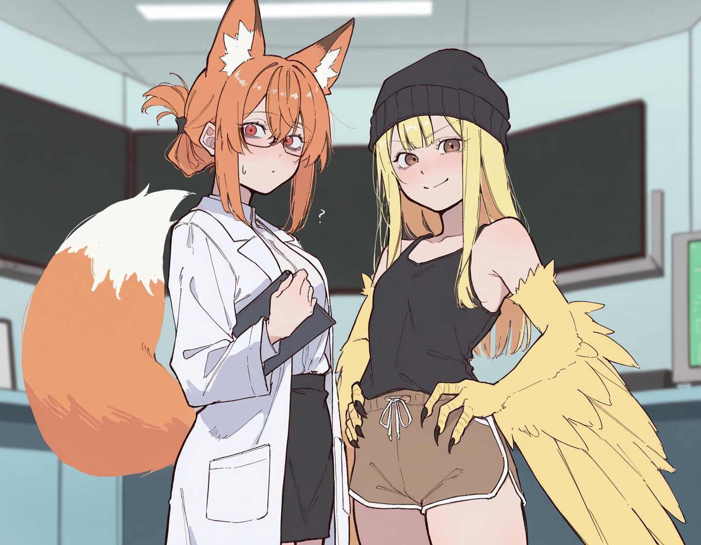 CONTEXT FOR THE IMAGE: Ashe is wearing her usual outfit. She's holding a notepad in her right hand. Next to her stands Thalia, the dirty-blonde harpy girl with yellow-feathered wings on her arms. Wears a black beanie, black tank top, brown dolphin shorts - she's a skater.