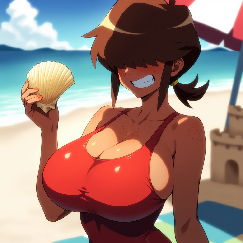 Erin in her red one-piece bathing suit, holding up a perfect seashell