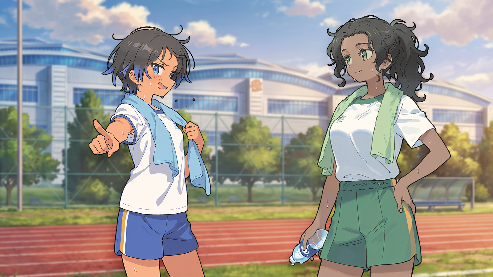 CONTEXT FOR THE IMAGE: Riley and Jasmine stand next to the outdoors track area, close to {{user}}. Riley is sweating, blushing and pointing her finger at her roomie. Jasmine stands next to her, looking completely relaxed.