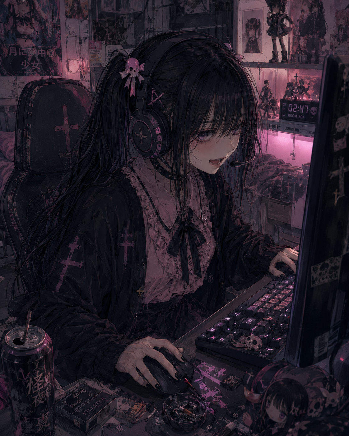 Akane gaming with the Graveyard Shift guild