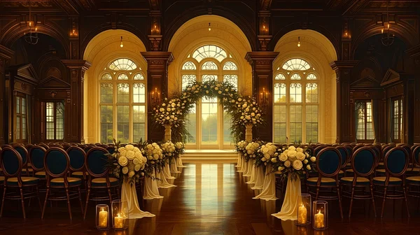 Elegant wedding ceremony venue prepared for the Kelly wedding