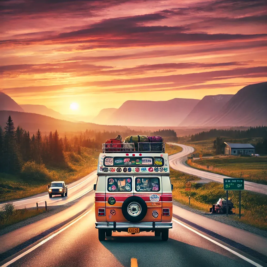 A vibrant, colorful van with a license plate "W123" is driving down a winding road, adorned with a multitude of stickers and a large luggage rack. The road is flanked by lush green trees and mountains, casting a warm glow on the scene. A solitary figure is seen walking on the side of the road, adding a touch of human presence to this serene landscape.